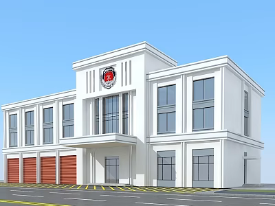 Modern Two Story White Fire Station Building With Multiple Garage Doors And Front Logo 3d model