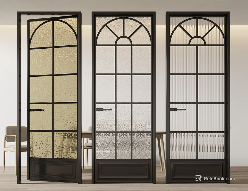 Modern Black Frame Glass Doors With Various Patterns In Interior Decor 3d model