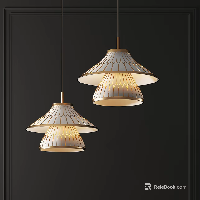 Modern Double Pendant Lights With White Textured Shades And Gold Frames Hanging 3d model