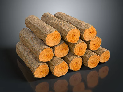 Stacked Pile Of Natural Wood Logs With Bark And Orange Cross Sections 3d model