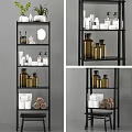 Modern Bathroom Shelf Unit With Toiletries Towels Candles And Decorative Bottles