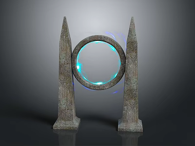 Mystical Stone Sculpture With Two Pointed Pillars And Illuminated Blue Ring 3d model