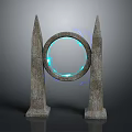 Mystical Stone Sculpture With Two Pointed Pillars And Illuminated Blue Ring 3d model