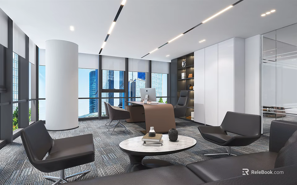 Modern Office Interior With Large Windows Work Desk Sofa Round Coffee Table And Bookshelf 3d model