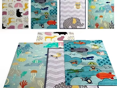Colorful Square Rugs With Animal Hot Air Balloon And Jellyfish Patterns For Kids Room Decor 3d model