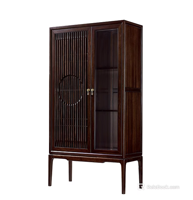 Traditional Modern Entryway Console Cabinet With Dark Wood Lattice Design And Glass Door 3d model 