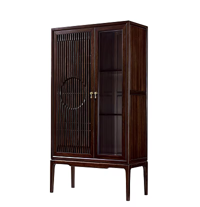 Traditional Modern Entryway Console Cabinet With Dark Wood Lattice Design And Glass Door 3d model