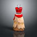 Red And Beige Household Living Item With Decorative Skirt And Tassel Accents