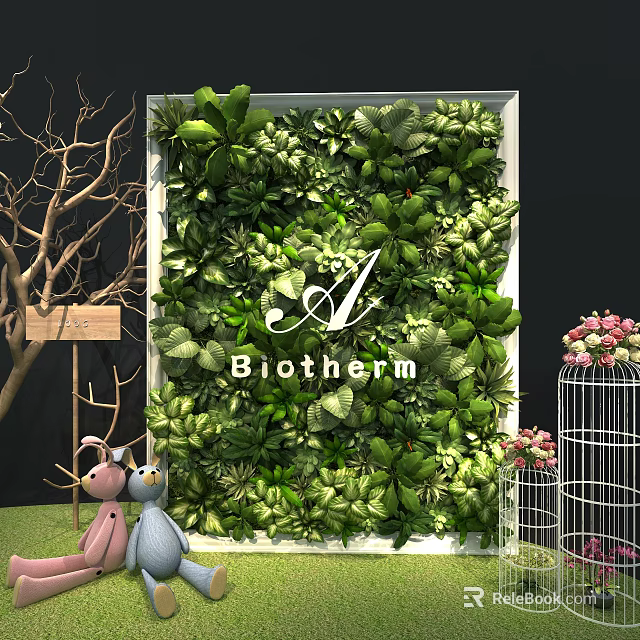 Living Plant Wall Design With Biotherm Rabbit Dolls Birdcage Tree Branches And Grass 3d model 