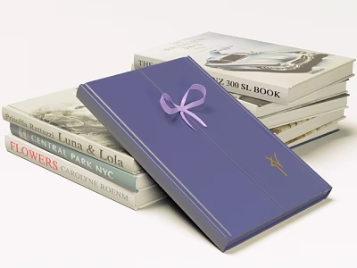 Stacked Books With Purple Box Featuring Purple Bow And Golden Logo On Top 3d model