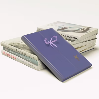 Stacked Books With Purple Box Featuring Purple Bow And Golden Logo On Top 3d model