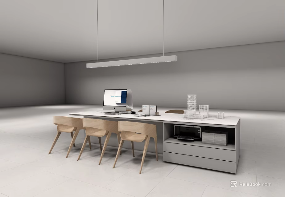 Modern Table And Chairs Minimalist Office Interior With Computer Cups Clear Containers Storage Drawer 3d model