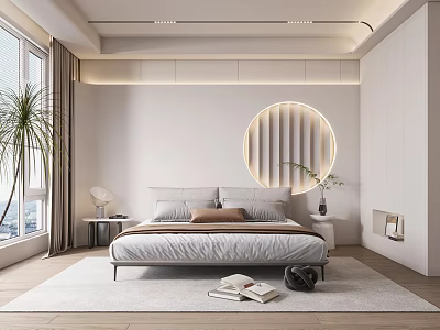 Modern Bedroom Interior With Circular Backlit Wall Decor Bedside Lamp And Potted Plant 3d model
