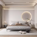 Modern Bedroom Interior With Circular Backlit Wall Decor Bedside Lamp And Potted Plant