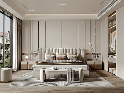 Modern Bedroom Interior Design With Soft Headboard Area Rug And Floor to Ceiling Windows 3d model