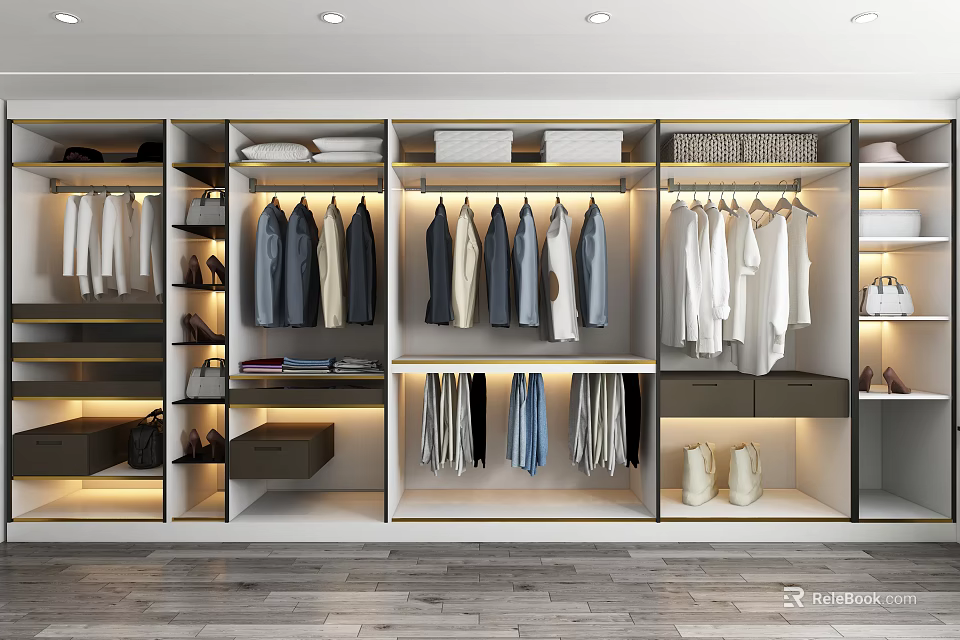Modern Wardrobe Interior Design With Hanging Sections Folded Clothes And Drawers 3d model 
