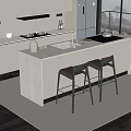 Modern Open Kitchen Bar Counter With Sleek Surface And Black Bar Stools 3d model