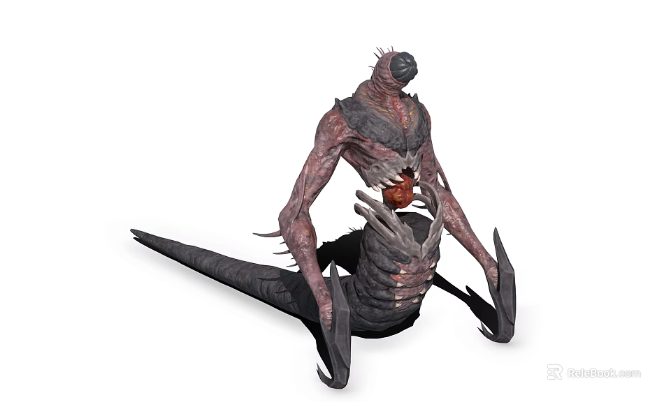 Fierce Alien Creature With Red Gray Body Spiked Head Tentacle Limbs And Open Chest 3d model 