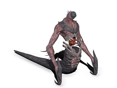Fierce Alien Creature With Red Gray Body Spiked Head Tentacle Limbs And Open Chest 3d model
