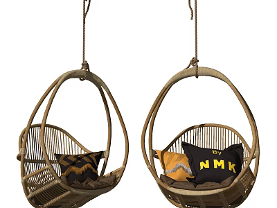Stylish Rattan Hanging Chairs With Colorful Cushions And Unique Patterns 3d model