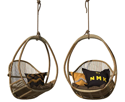 Stylish Rattan Hanging Chairs With Colorful Cushions And Unique Patterns 3d model