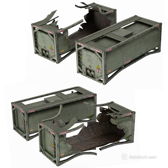 Multiple Damaged Industrial Crates Featuring Metal Frames And Broken Sides 3d model 
