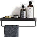 Black Bathroom Storage Shelf with Toiletry Bottles Soap Bar and Hanging Towel