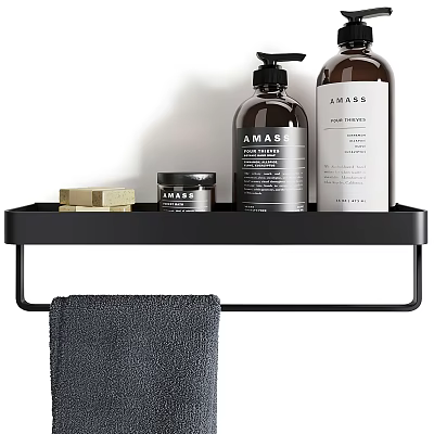 Black Bathroom Storage Shelf with Toiletry Bottles Soap Bar and Hanging Towel 3d model