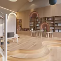 Cheerful Kindergarten Interior With Wooden Decor Colorful Ball Lights Staircase And Bookshelves