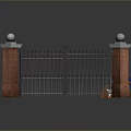 Iron Gate Entrance With Brick Pillars Stone Balls And Gravel Ground