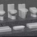 Multiple Modern White Ceramic Toilets And Bathroom Sinks In Grey Setting 3d model