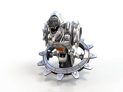 Mechanical Creature Character Standing On Gear Shaped Metallic Base With Armor 3d model