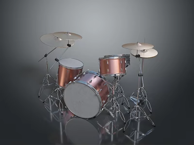 Copper Metal Drum Set With Cymbals And Stands For Home Use 3d model