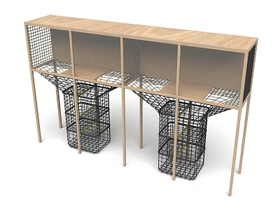 Playground Equipment With Wooden Top And Black Metal Mesh Structure Divided Sections And Baskets Below 3d model