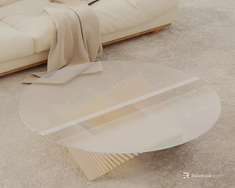 Modern Beige Sofa with Throw Blanket and Round Transparent Glass Coffee Table Set 3d model