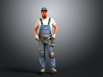 Construction Worker In Blue Overalls With Cap Tool Belt And Knee Pads 3d model