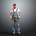 Construction Worker In Blue Overalls With Cap Tool Belt And Knee Pads