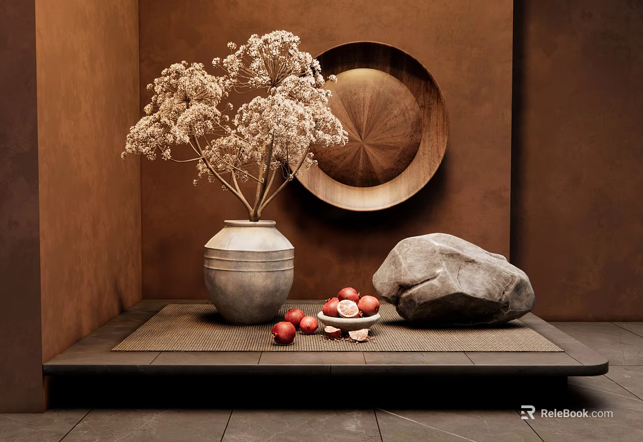 Decorative Ornament Combination Featuring Dried Flowers Wooden Plate Gray Vase Red Fruits And Stone Ornament 3d model 