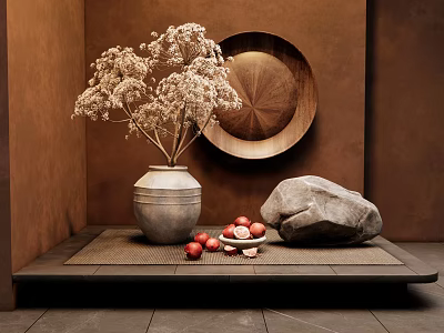 Decorative Ornament Combination Featuring Dried Flowers Wooden Plate Gray Vase Red Fruits And Stone Ornament 3d model