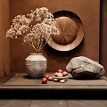 Decorative Ornament Combination Featuring Dried Flowers Wooden Plate Gray Vase Red Fruits And Stone Ornament