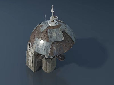 Futuristic Dome Structure With Worn Metal Panels Flag On Top And Support Base 3d model
