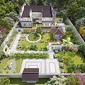 Traditional Chinese Courtyard Garden With Greenery Lawn Stone Path And Pavilion Flowers Rockery
