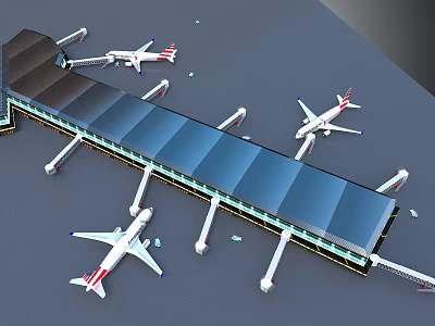 Scenic Airport Landscape With Blue Roof Terminal Jet Bridges And Parked Airplanes 3d model