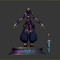 3D Character Creature with Horns Purple Blue Attire Standing on Decorative Pedestal Near Blue Sword