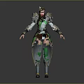 Armored Female Warrior Character With Mythical Creature Inspired Green And White Armor Featuring Feather Accents