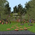 Jungle Adventure Playground With Climbing Net Tree Stumps Green Grass In Wooded Area