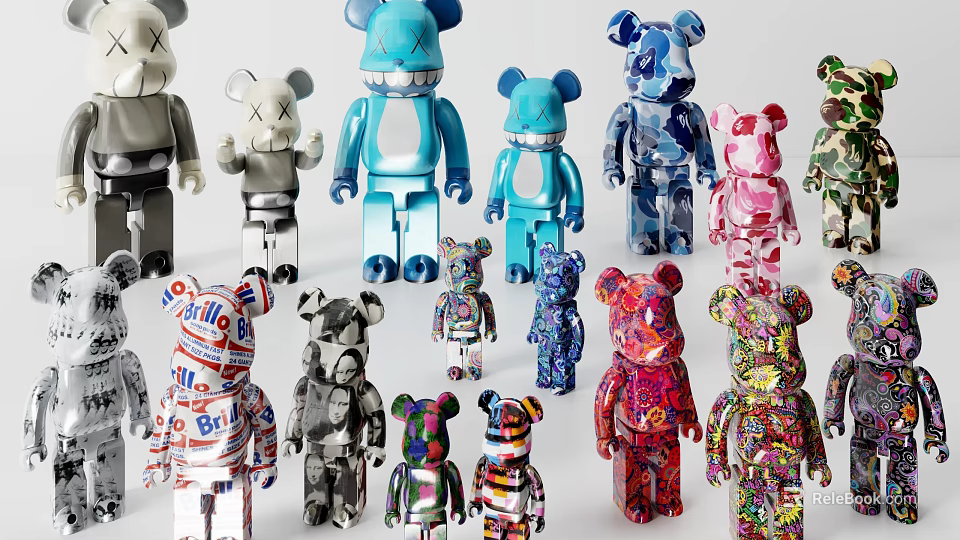 Colorful Bearbrick Sculptures With Various Patterns And Vibrant Designs Displayed 3d model 