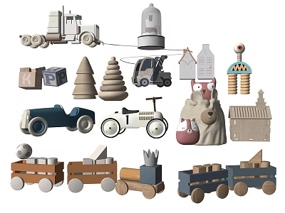 Cute Wooden Doll With Surrounding Wooden Toys Building Blocks And Toy Vehicles 3d model