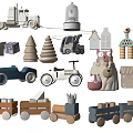 Cute Wooden Doll With Surrounding Wooden Toys Building Blocks And Toy Vehicles