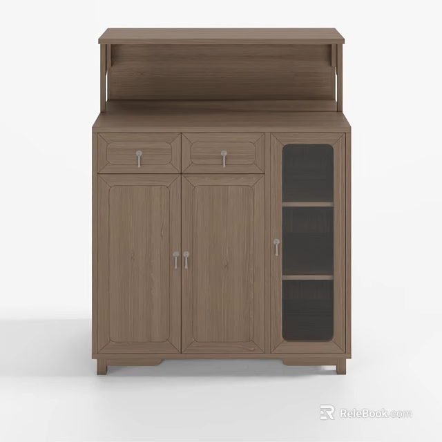 Brown Wooden Entryway Cabinet Sideboard With Drawers Glass Doors And Shelves 3d model 